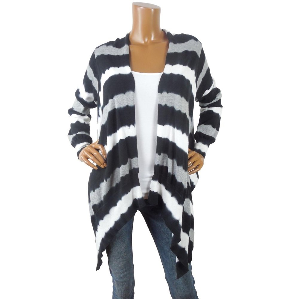 MICHAEL KORS Top S/M Knit Cardigan Black/White/Gray Tie Dye Stripe Asymmetrical